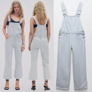 NEW Zara Pin Striped Light Blue Denim Jumpsuit Ankle Straight Leg Overall Pant M